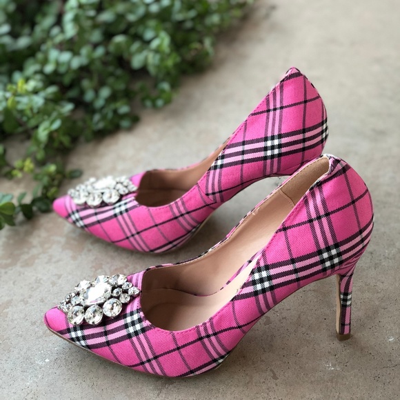 Lauren Lorraine Pink Plaid Jewel Heels Pumps - Picture 3 of 6